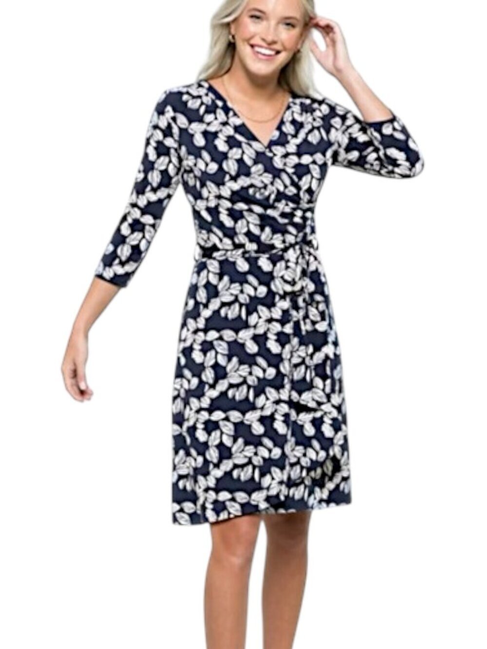 41 Hawthorn Stitch Fix Kaylee Side Tie Faux Floral Wrap Dress - Navy/White - XXL